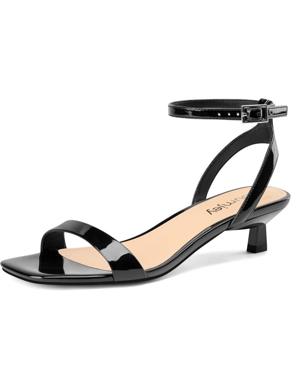 Women's Shiny Black Faux Leather Square Open Toe Ankle Strap Kitten Heel Sandals